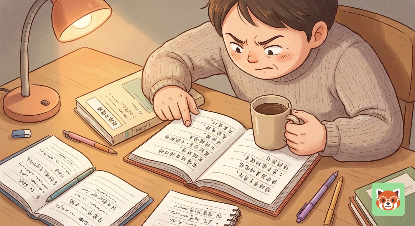 Adult Chinese learner studying at a desk with books, looking thoughtful