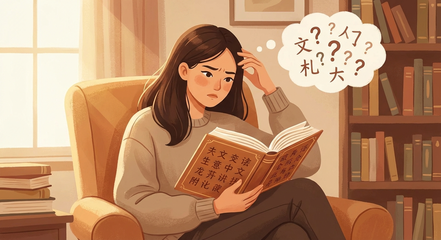 Illustration of a Chinese heritage speaker holding a book, looking thoughtfully at Chinese characters