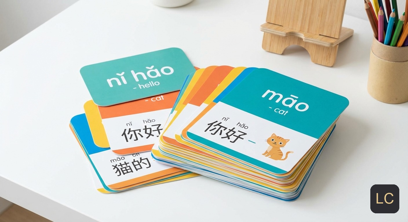 Chinese character cards transitioning from pinyin to pure characters
