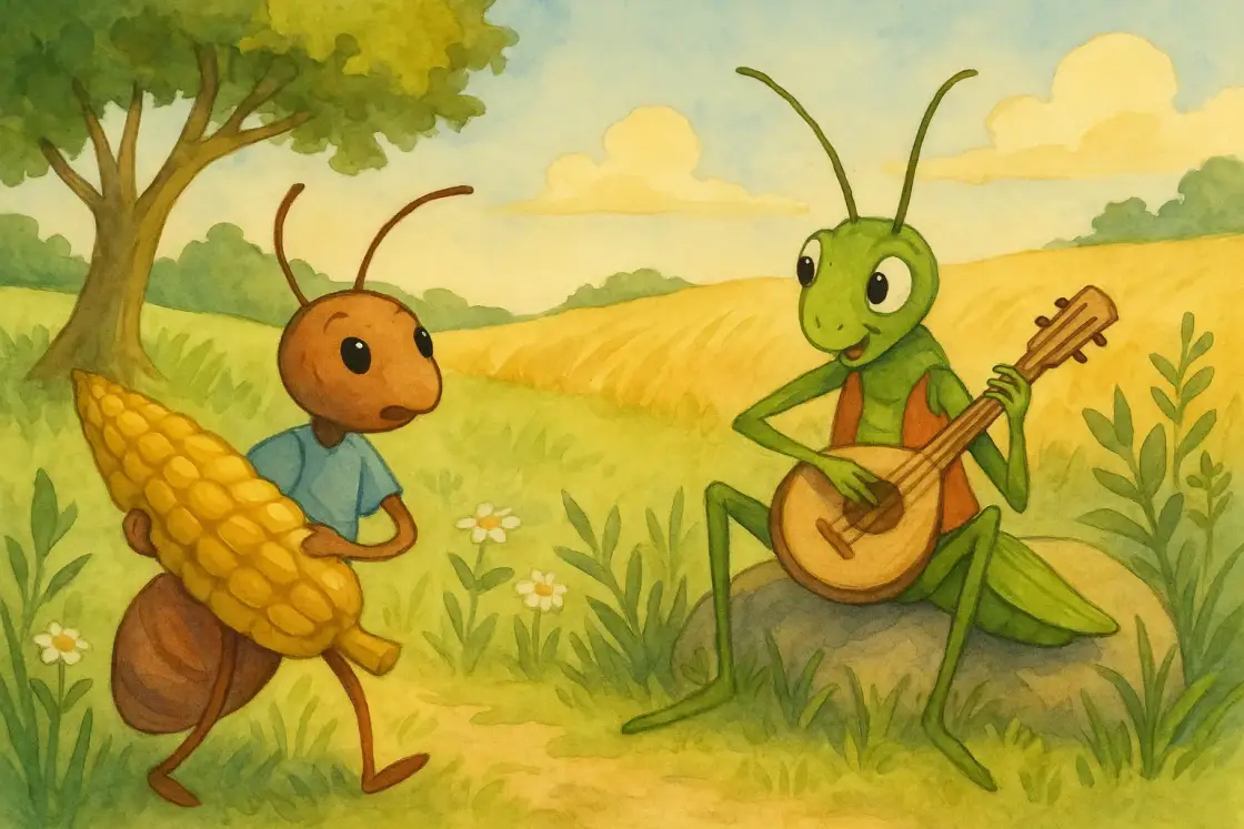 Illustration for the Chinese story “The Ant and the Grasshopper”