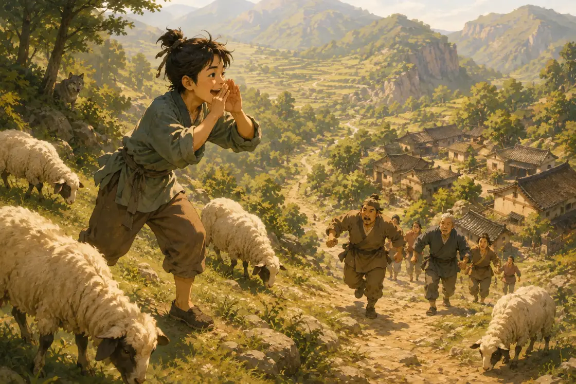 Illustration for the Chinese story “The Boy Who Cried Wolf”