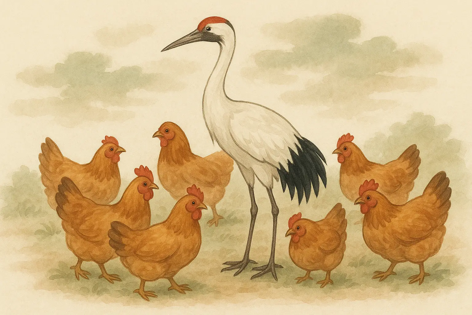 The Crane Among Chickens Illustration