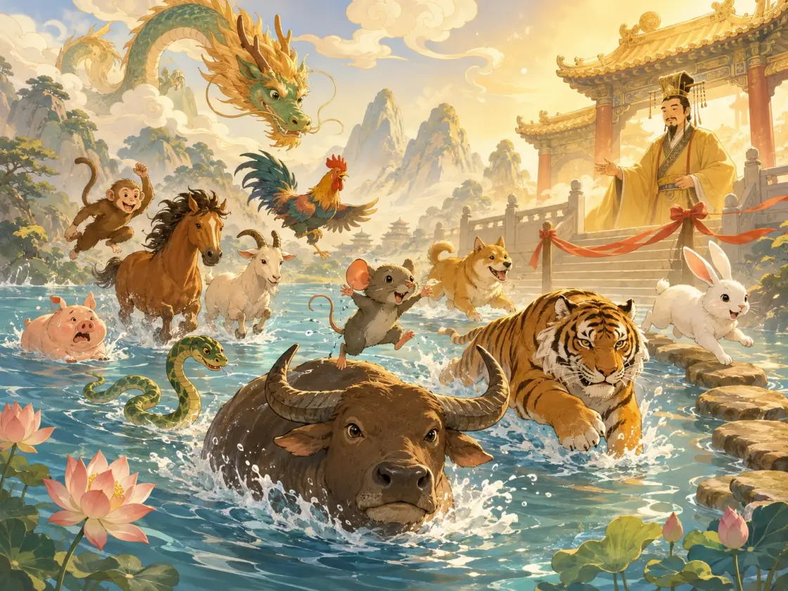 Illustration for the Chinese story “The Great Race (十二生肖)”