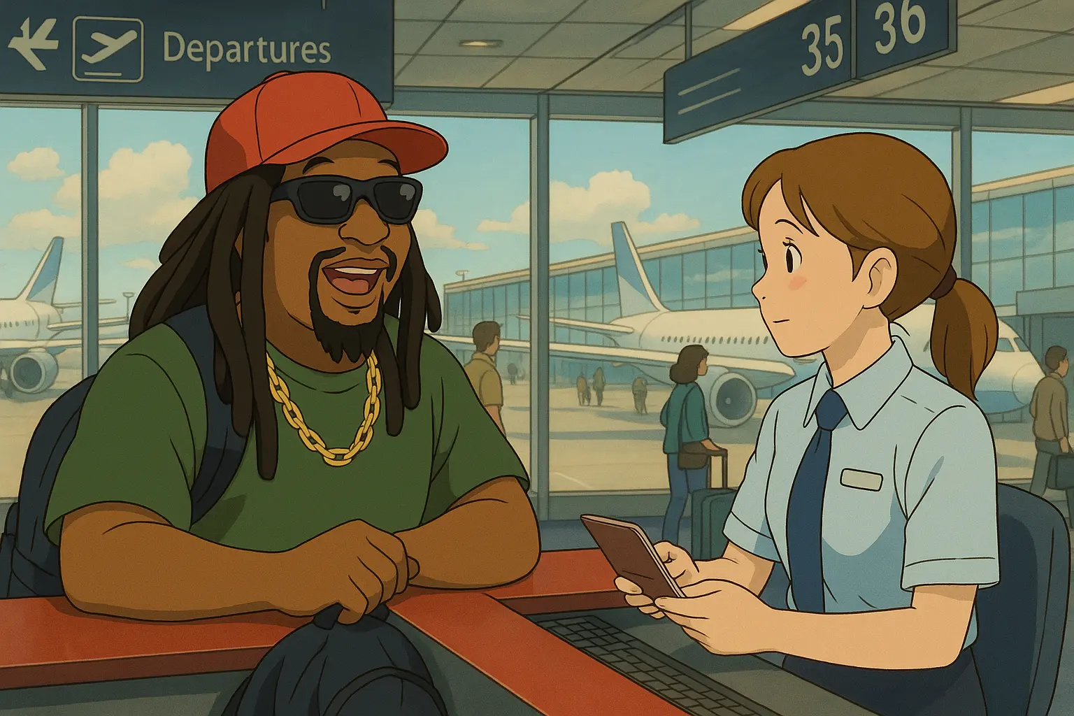 Illustration for the Chinese story “Lil Jon at the Airport”
