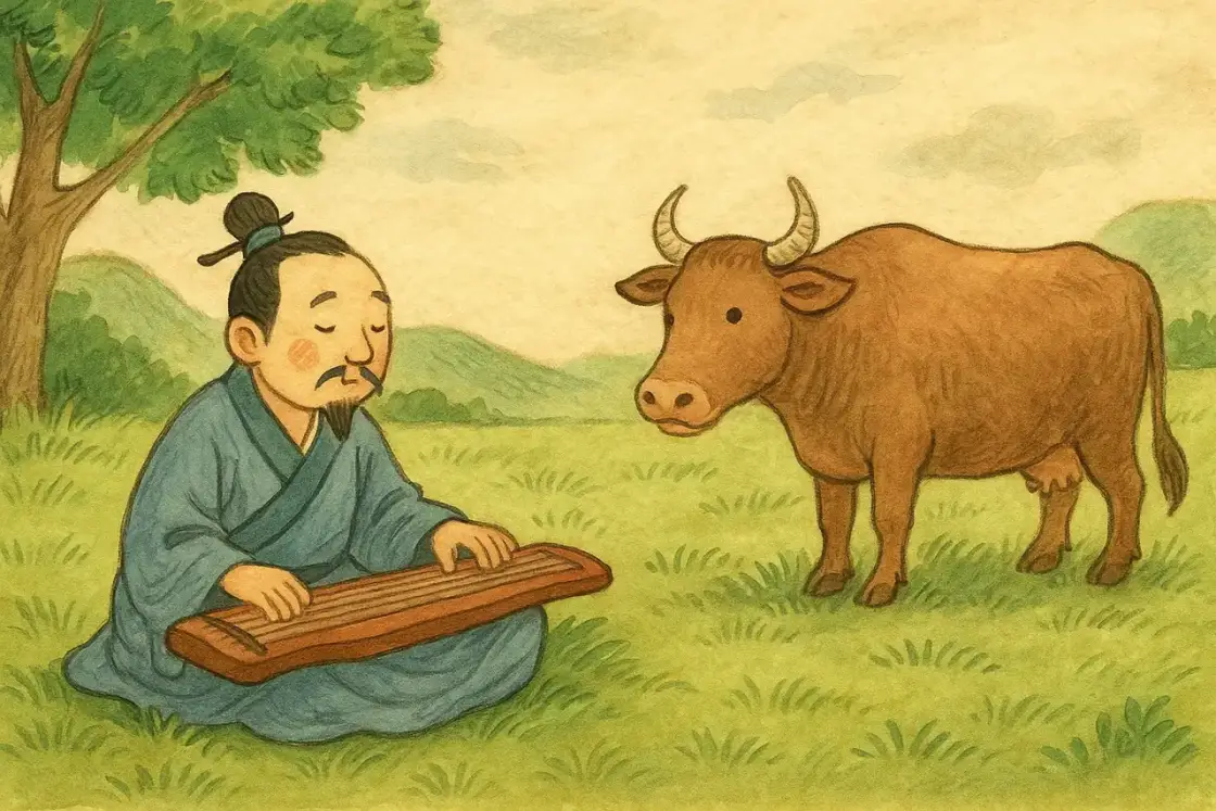 Illustration for the Chinese story “Playing the Qin to a Cow”